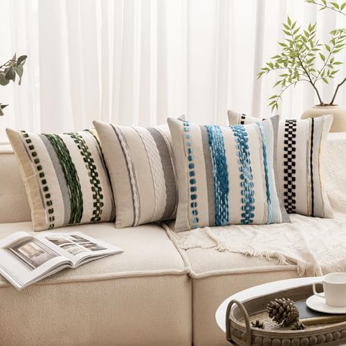 ANRODUO Boho Decorative Throw Pillow Covers White Stripe 18x18 Pack of 2 - Image 2