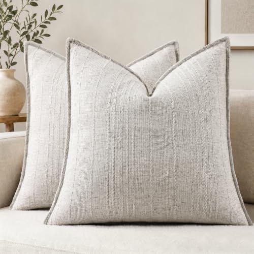 decorUhome Greige Textured Linen Throw Pillow Covers 18x18 Set of 2 by decorUhome