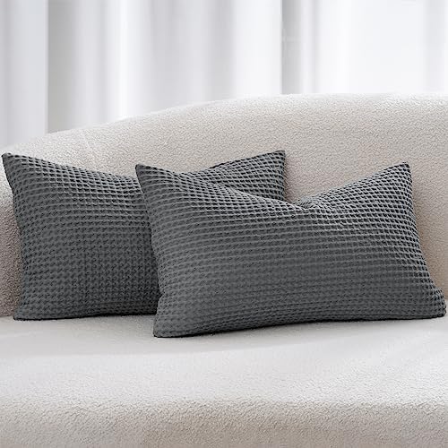 PHF Cotton Waffle Lumbar Pillow Covers 12" x 20", Charcoal Grey, No Insert by PHF