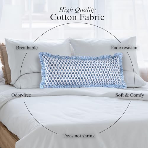 CPC Block Print Apatite Blue Ruffle Cotton Lumbar Pillow Cover 14x36 inch - Image 6