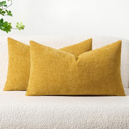 MIULEE Chenille Lumbar Throw Pillow Covers Mustard Yellow 12x20 Pack of 2 by MIULEE