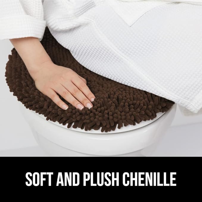 GORILLA GRIP Soft Chenille Bathroom Toilet Lid Cover, Machine Washable Seat Covers, 19.5x18.5, Stays in Place Rubber Backing, Fits Most Round, Elongated and Oblong Lids, Accessories Decor, Brown
