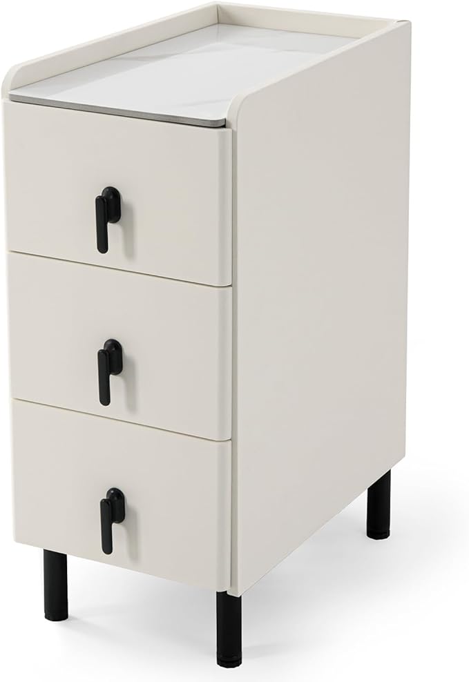 Lamberia Narrow Nightstand with 3 Drawers, Narrow Side Table, Small Bedside Table for Bedroom, Living Room, End Table for Small Space, Cream White，9.8''W x 15.8" D x 23.5" H