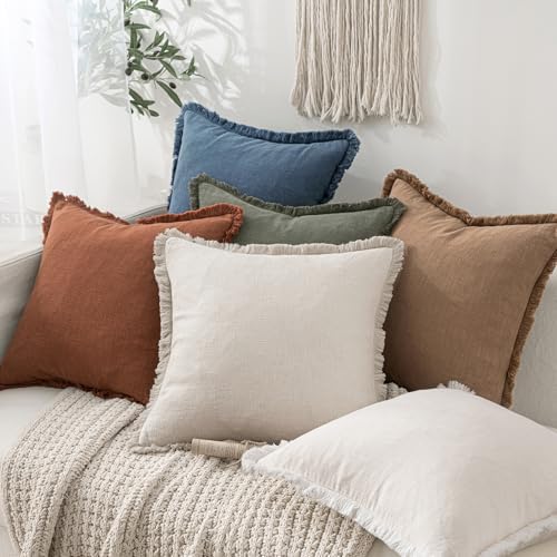 MIULEE Boho Linen Fringe Decorative Throw Pillow Covers Blue Ashes 20x20 - Image 5
