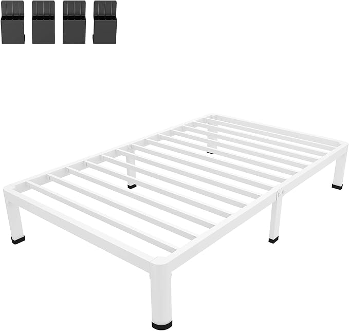 MAF 10 Inch Twin Bed Frames White with Round Corner Legs Mattress Slide Stopper No Box Spring Needed Heavy Duty Metal Platform Bed Frame Under-Bed Storage Space, 3000 LBS Steel Slats Support