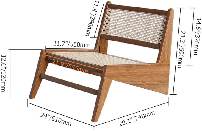 homary Mid Century Modern Chair Japandi Walnut Rattan and Wood Lounge Chairs Armless Accent Chair for Living Room Bedroom Balcony & Patio