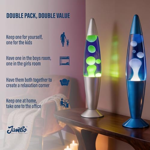 JAMBO 2 Pack- 16" Beautiful Lamp- Silver with Yellow/Green Wax and Blue with Blue/White Wax, Relaxing Liquid Lamp, Night Light Nightlight, Lamps for Adults Teens Kid - Image 3