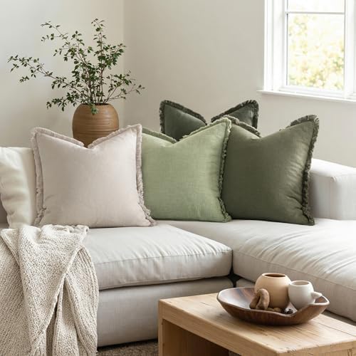 MIULEE Fall Linen Fringe Pillow Covers Set of 4 20x20 Beige/Sage Green - Image 3
