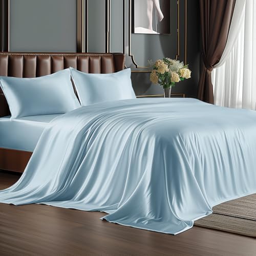 BEDELITE Satin Sheets Twin XL Size Bed Set, Light Blue, 3 Pieces by BEDELITE