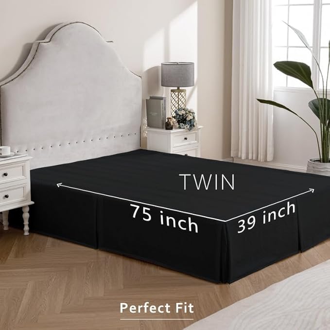MIYE Pleated Waffle Weave Bed Skirt, Tailored Dust Ruffle 14 Inch Drop Easy Fit, Machine Washable (Black, Twin - 14" Drop)