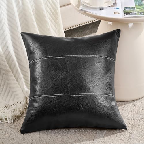 Fancy Homi Black Boho Faux Leather Decorative Throw Pillow Covers 18x18 Inch by Fancy+Homi