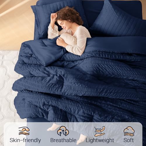 MUXHOMO 7 Pieces Oversized Queen Comforter Set, Seersucker Bed in a Bag - Image 2