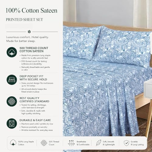 Feather & Stitch 100% Cotton Sateen 500 TC Full Size Bed Sheet Set - Image 6