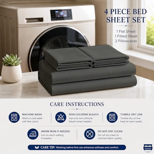 Cottingon 4 Piece Full Sheets Fits 16" Deep, Egyptian Cotton, Dark Grey - Image 5