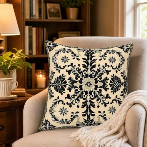 Set of 2 Linen Vintage Black Damask Floral Throw Pillow Covers 18x18 Inch - Image 6