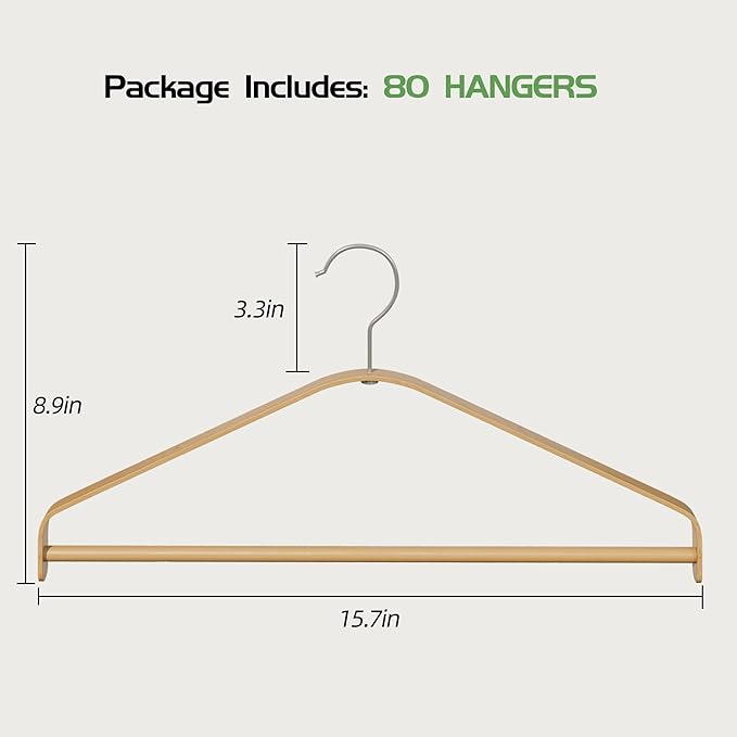 Bamboo Wood Hangers 20 Packs, Coat Hangers, Clothes Hangers with 360-Degree Rotatable Hook, Heavy Duty, Non Slip Suit Hangers for Clothes, Jacket, Shirt, Tank Top, Pant (Bamboo, 80 PCS)