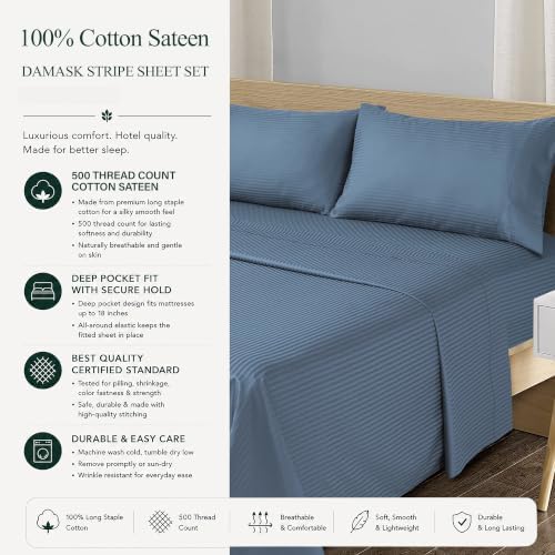Feather & Stitch 100% Cotton Sateen 500 TC Queen Size Bed Sheet Set - Image 6