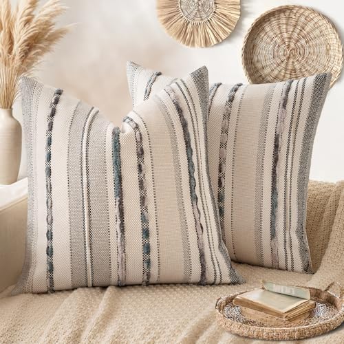 ANRODUO Boho Decorative Throw Pillow Covers Gray Stripe 18x18 Pack of 2 by ANRODUO