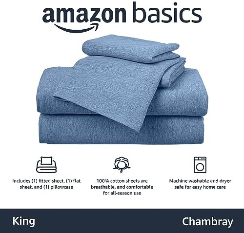 Amazon Basics Cotton Jersey 4-Piece Bed Sheet Set, Chambray Blue - Image 3