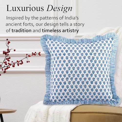 CPC Block Print Ruffle Throw Pillow Cover Apatite Blue 20"x20" - Image 4