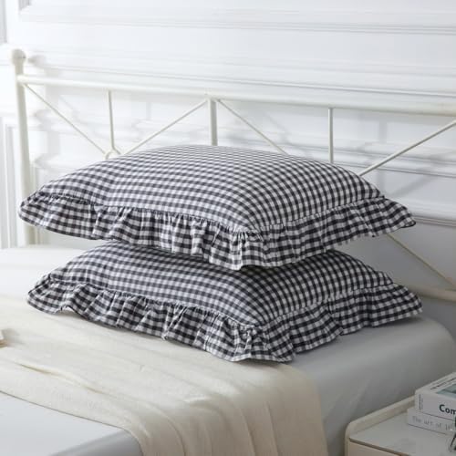 Mywinlle Black/White Plaid Gingham Ruffle Pillow Shams Queen Size 20"x30" - Image 3