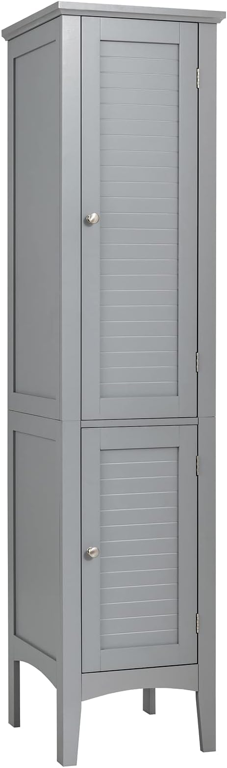 Tangkula Tall Bathroom Storage Cabinet, 5-Tier Wooden Freestanding Tower Cabinet Floor Organizer, Narrow Storage Floor Cabinet w/2 Doors & Shelves for Bathroom Living Room Kitchen (Grey)