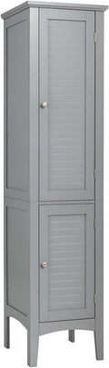 Tangkula Tall Bathroom Storage Cabinet, 5-Tier Wooden Freestanding Tower Cabinet Floor Organizer, Narrow Storage Floor Cabinet w/2 Doors & Shelves for Bathroom Living Room Kitchen (Grey)