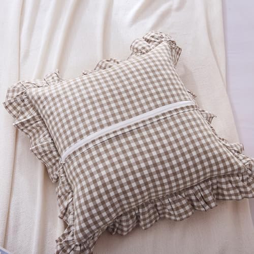 Mywinlle Taupe Plaid Gingham Ruffle Decorative Throw Pillow Covers 24"x24" - Image 4
