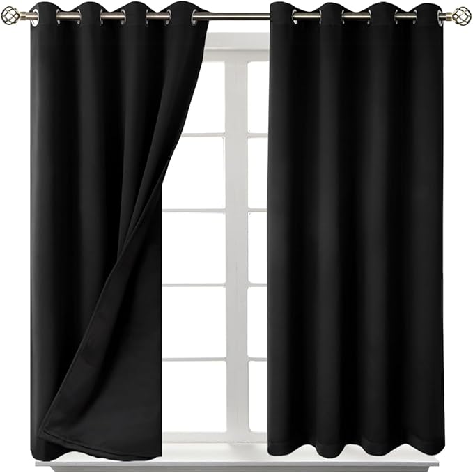 BGment Short 100% Blackout Curtains for Bedroom, Thermal Insulated Energy Efficiency Noise Reducing Grommet Curtains 45 Inch Length with Liner for Small Window 2 Panels Each 52 Inch Wide, Black