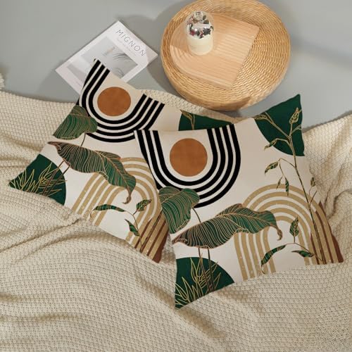 Boho Green Pillow Covers 18x18 Set of 2 Green Gold Leaf Tropical Mid Century - Image 5