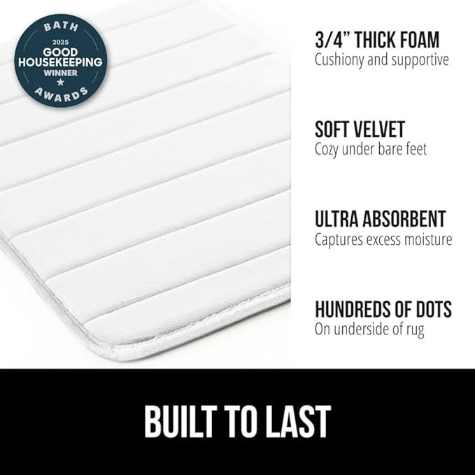 GORILLA GRIP Memory Foam Bath Mat, Soft Absorbent US Designed Bathroom Rug, Gripping Dots Machine Washable Bathmat, Cushioned Floor Mats, Shower Sink Rugs Room Décor Accessories, 60x24 White