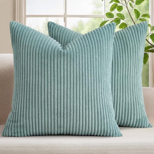 Mecatny Corduroy Decorative Throw Pillow Covers 18x18 Set of 2 Aqua by Mecatny