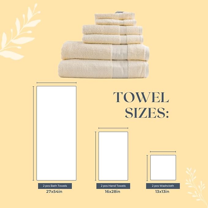 Egyptian Cotton Bathroom Towel Set - 6 Piece | Ultra Soft 100% 600 GSM Towels | 2 Bath, 2 Hand, 2 Washcloths | Quick Dry, Durable for Home, Spa, Gym | Premium Large Towel Set (Off White)