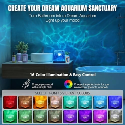 Rechargeable Ocean Wave Projector Light, 16 Color Changeable & Dimmable Shower Lamp with Remote, Cube Mood Ambient Lighting, Ocean Room Decor, Cordless Night Light for Bathroom, Room Decor - Image 3