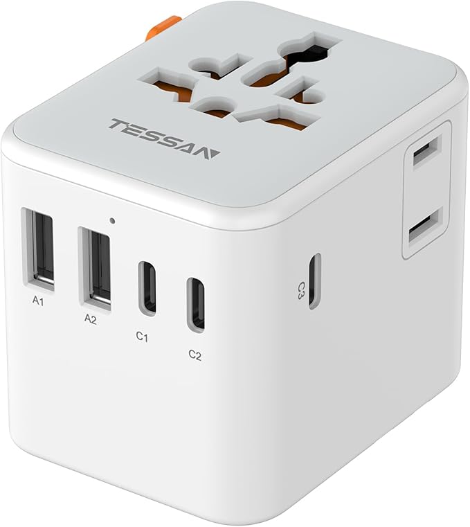 TESSAN Universal Travel Adapter, International Power Adapter with Extra 2 Prong AC Outlet, 5 USB Ports (3 USB C), 28W Worldwide Plug Adaptor for US to Europe UK Australia Ireland (Type C G A I)