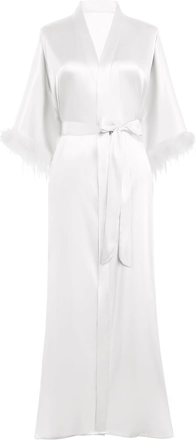 PRODESIGN Satin Kimono Robe Long Silky Bathrobe with Ostrich Feather Trim Sleepwear Wedding Bridesmaid Dressing Gown