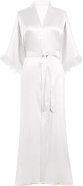 PRODESIGN Satin Kimono Robe Long Silky Bathrobe with Ostrich Feather Trim Sleepwear Wedding Bridesmaid Dressing Gown