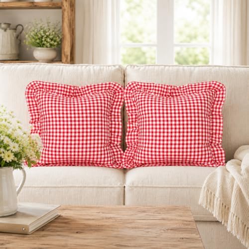 JoraLion Ruffled Throw Pillow Cover 18x18 Gingham Red by JoraLion