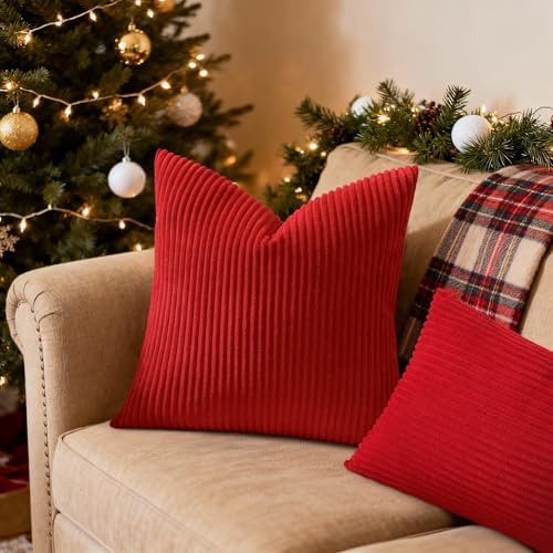 Mecatny Corduroy Throw Pillow Covers 16x16 Set of 2 Christmas Red - Image 2