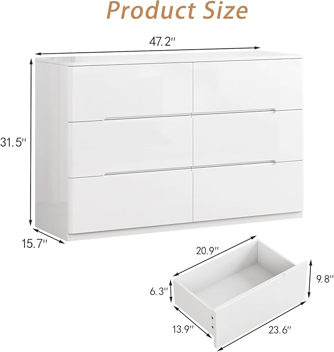 White Wood Dresser, 6 Drawer Dressers for Clothes Storage for Bedroom, Modern Dresser with Wide Drawers, Wide Wooden Chest Drawers for Living Room, Entryway, TV Stand