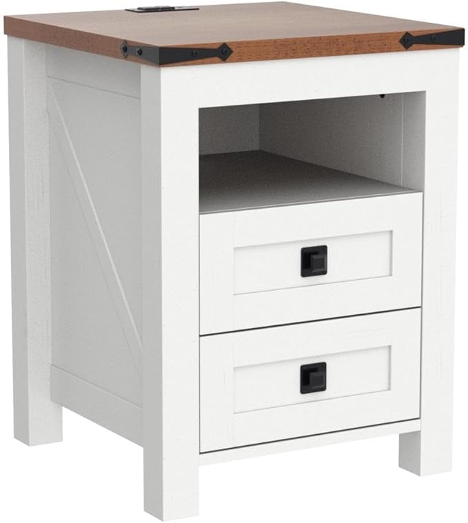 T4TREAM Nightstand with Charging Station, End Table, Side Table with 2 Drawers Storage Cabinet for Bedroom, Living Room, Farmhouse Design, Wood Rustic, Antique White