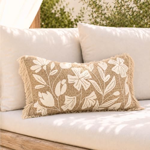 BlissBlush Lumbar Pillow Cover 12x20 Inch Indoor Outdoor, Jute Inspired Floral by BlissBlush