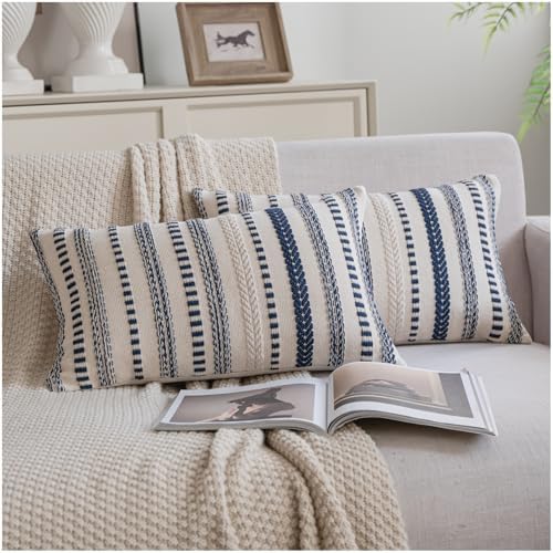 Cethom Navy Blue Boho Lumbar Throw Pillow Covers 12x20 Inch Set of 2, Stripe by Cethom