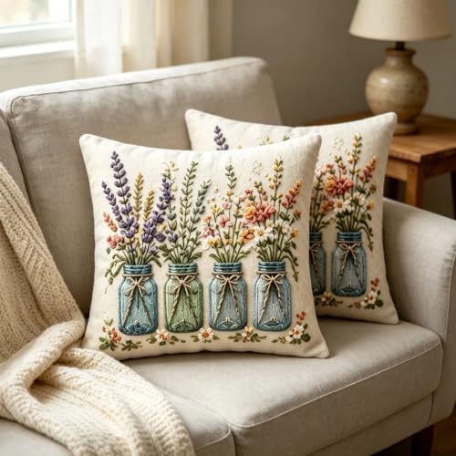 2D Flat Jar Wildflower Linen Throw Pillow Covers 18x18 Set of 2 - Image 3
