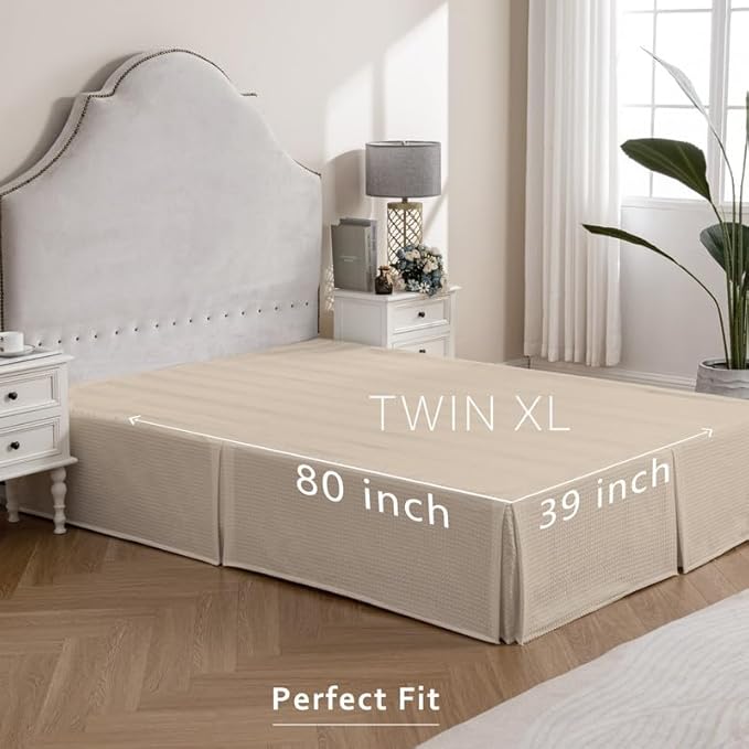 MIYE Pleated Waffle Weave Bed Skirt, Tailored Dust Ruffle 18 Inch Drop Easy Fit, Machine Washable,No Split Corners (Beige, TwinXL - 18" Drop)
