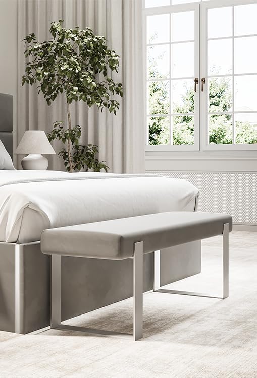VANT Upholstered Bed Bench - Ribbed Iceland Blue - Brushed Nickel - Contemporary Modern, Bedroom Bench Seat, Hallway, or Entryway