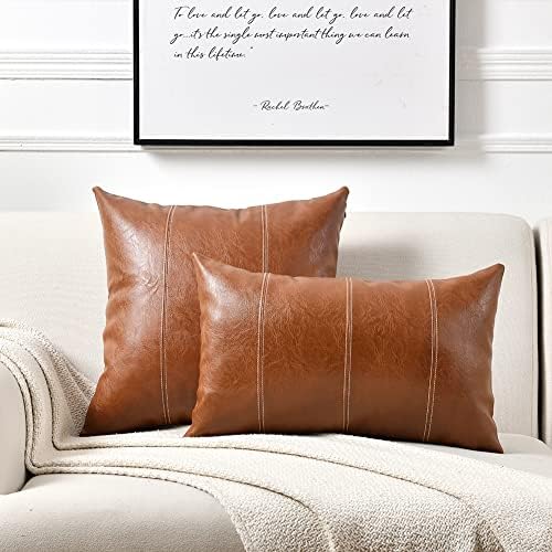 Fancy Homi Brown Boho Lumbar Faux Leather Decorative Throw Pillow Covers 12x20 - Image 2