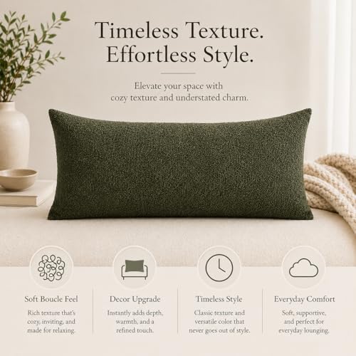 JoraLion 14x26 inch Boucle Lumbar Pillow Cover, Army Green Woven Texture - Image 2