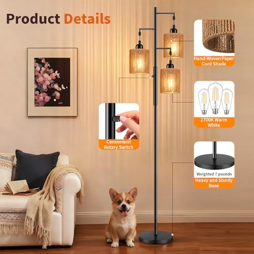 Hotsonic 72" Boho Rattan Tree Floor Lamp, Tall Dimmable Industrial Standing Lamp, Corner Decor Accent Lighting for Living Room, Bedroom, Dining Room, Nursery, Cafe (3 x 800LM Bulbs Included) - Black - Image 5