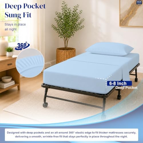 Cottingon 4 PC Cot Sheet Set 30"X75", Egyptian Cotton, Light Blue - Image 5